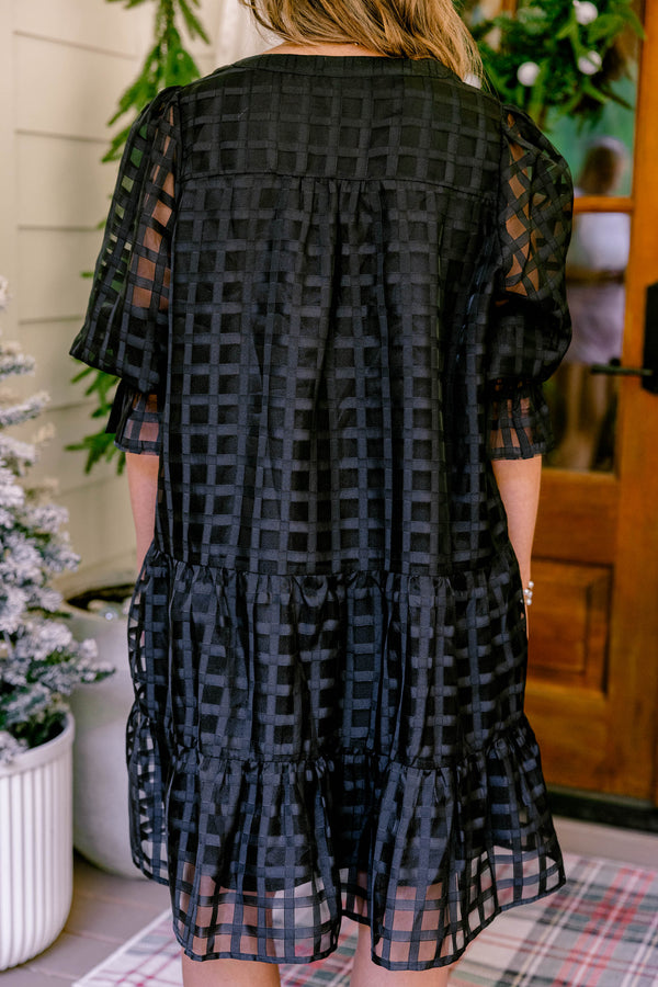 Chic Soul plus size clothing, black short sleeve tiered baby doll dress with grid patterned sheer fabric