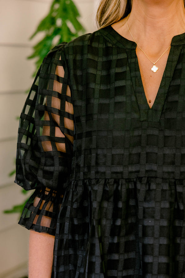 Chic Soul plus size clothing, black short sleeve tiered baby doll dress with grid patterned sheer fabric
