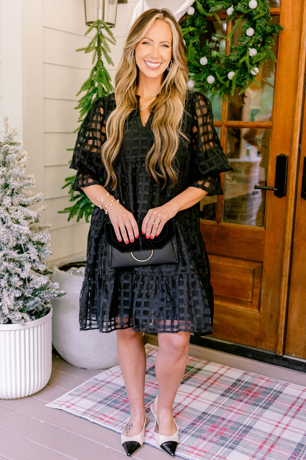 Chic Soul plus size clothing, black short sleeve tiered baby doll dress with grid patterned sheer fabric