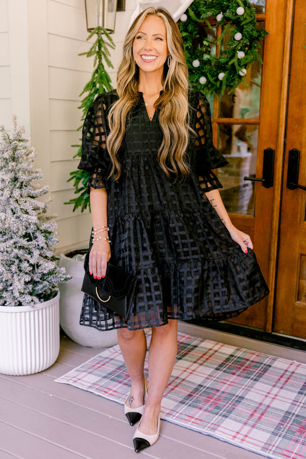 Chic Soul plus size clothing, black short sleeve tiered baby doll dress with grid patterned sheer fabric