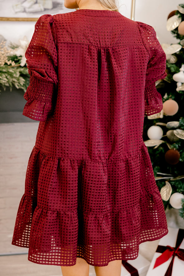 Chic Soul plus size clothing, burgundy short tiered puff sleeve dress with a gingham pattern and v neckline
