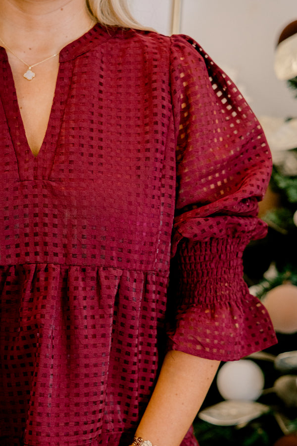Chic Soul plus size clothing, burgundy short tiered puff sleeve dress with a gingham pattern and v neckline
