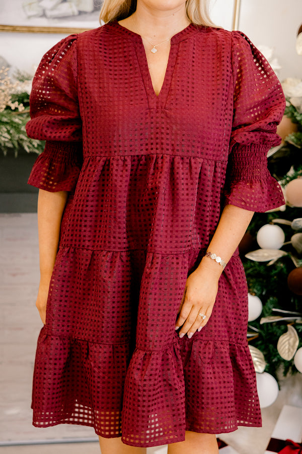 Chic Soul plus size clothing, burgundy short tiered puff sleeve dress with a gingham pattern and v neckline
