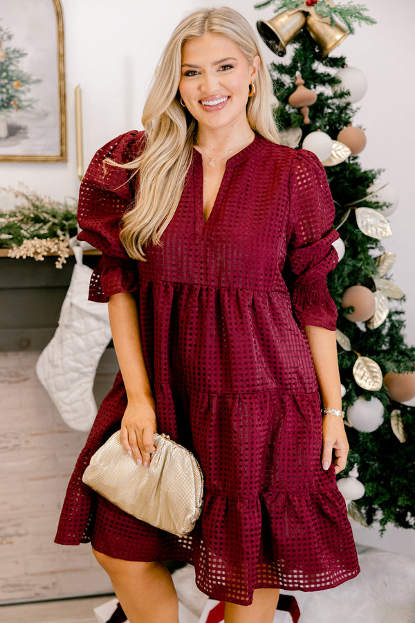 Chic Soul plus size clothing, burgundy short tiered puff sleeve dress with a gingham pattern and v neckline
