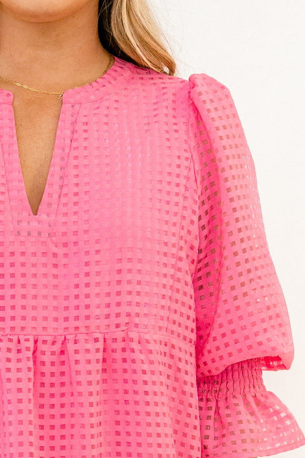Chic Soul plus size clothing, pink short sleeve tiered baby doll dress with grid patterned sheer fabric