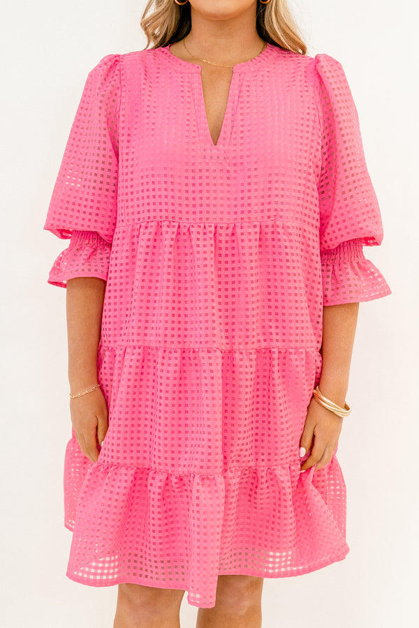 Chic Soul plus size clothing, pink short sleeve tiered baby doll dress with grid patterned sheer fabric
