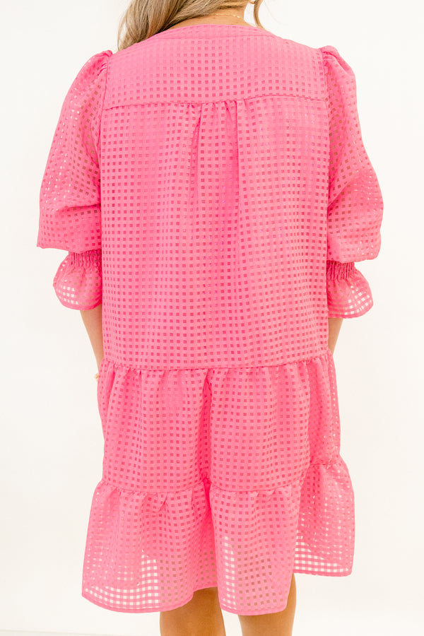 Chic Soul plus size clothing, pink short sleeve tiered baby doll dress with grid patterned sheer fabric