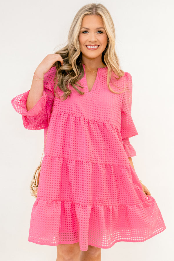 Chic Soul plus size clothing, pink short sleeve tiered baby doll dress with grid patterned sheer fabric