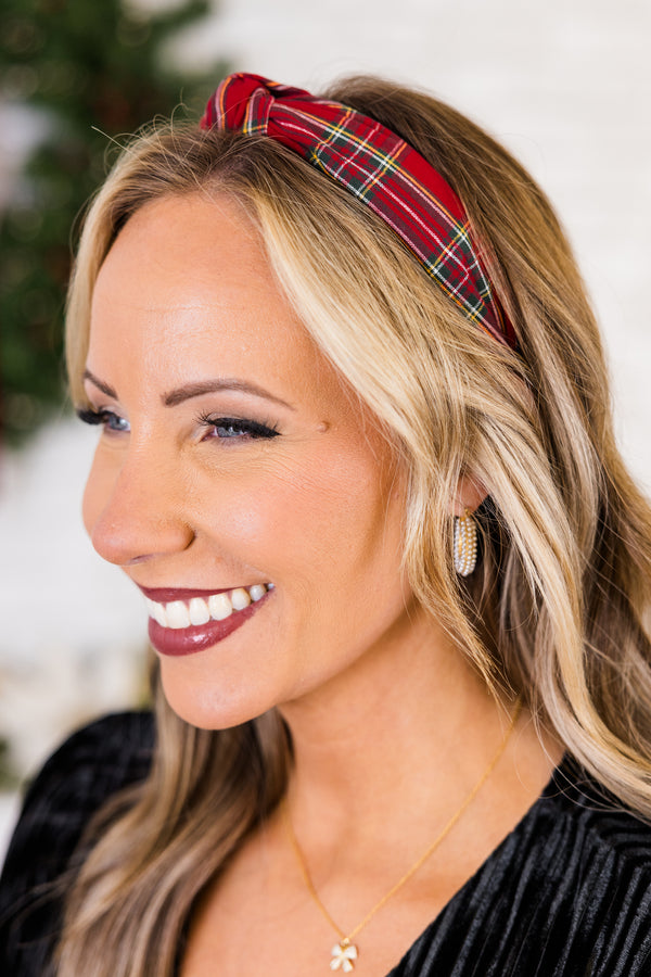 Chic Soul plus size clothing, red and white/yellow/green plaid pattern knotted headband