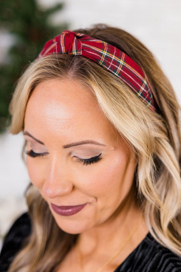 Chic Soul plus size clothing, red and white/yellow/green plaid pattern knotted headband