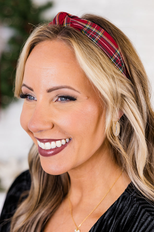 Chic Soul plus size clothing, red and white/yellow/green plaid pattern knotted headband