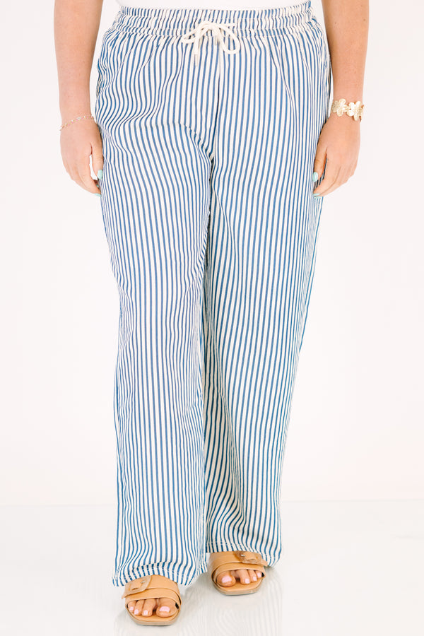 Chic Soul plus size clothing, blue striped straight leg pant with a stretchy draw string waistband 