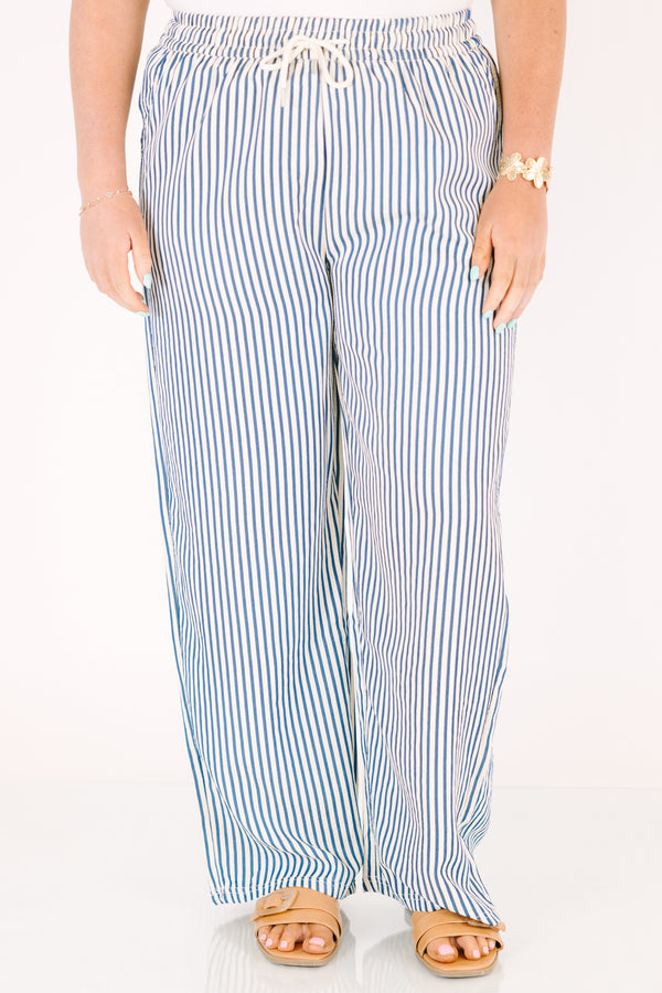 Chic Soul plus size clothing, blue striped straight leg pant with a stretchy draw string waistband 