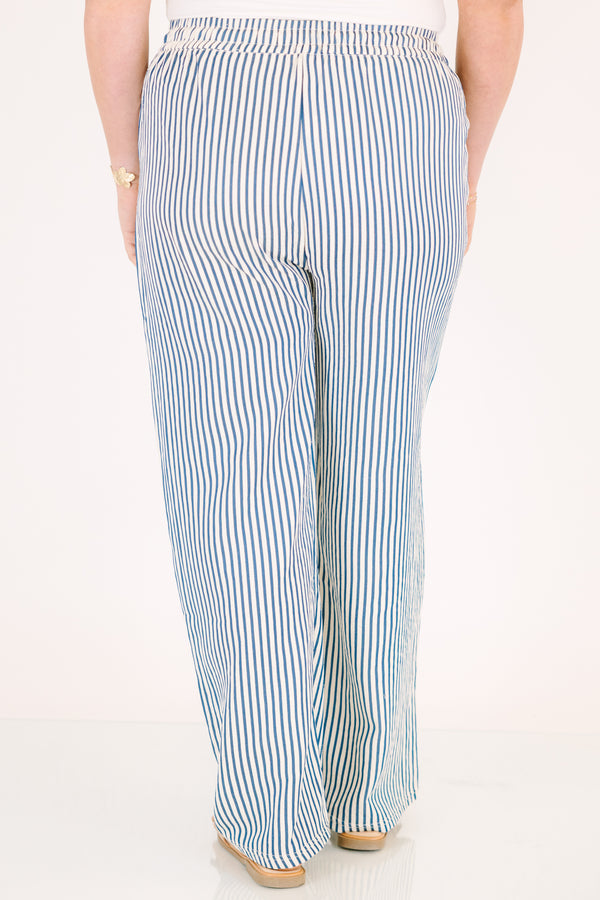 Chic Soul plus size clothing, blue striped straight leg pant with a stretchy draw string waistband 