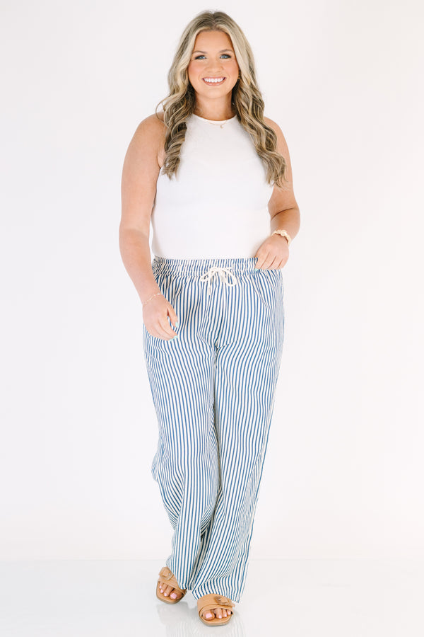 Chic Soul plus size clothing, blue striped straight leg pant with a stretchy draw string waistband 