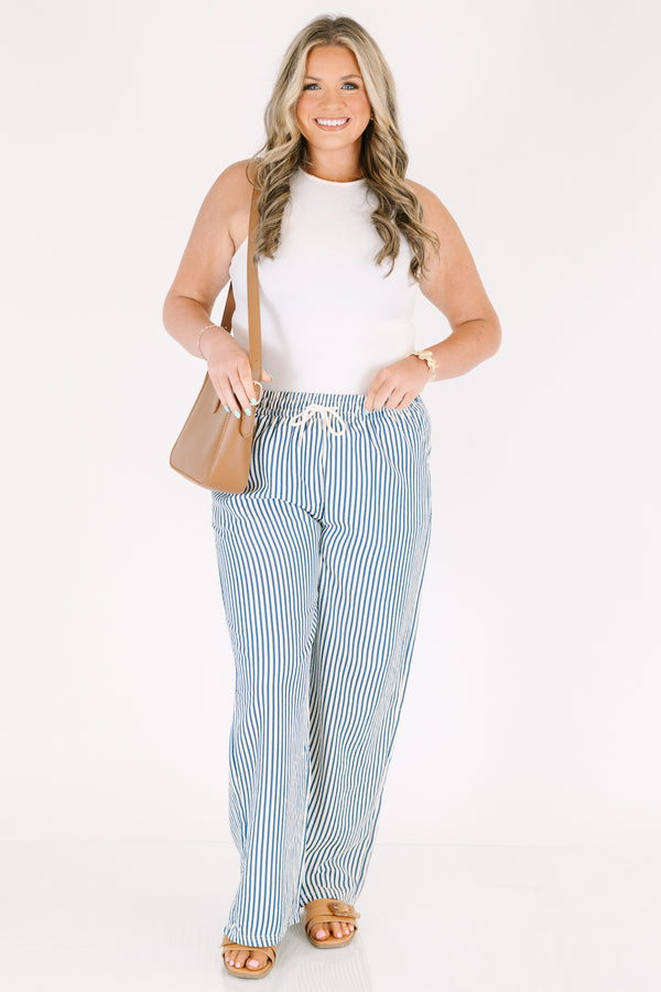 Chic Soul plus size clothing, blue striped straight leg pant with a stretchy draw string waistband 