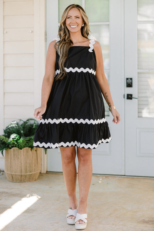 Chic Soul plus size clothing, black sleeveless mini dress with square neckline with white scallop strap with white scallop detail along waist and trim