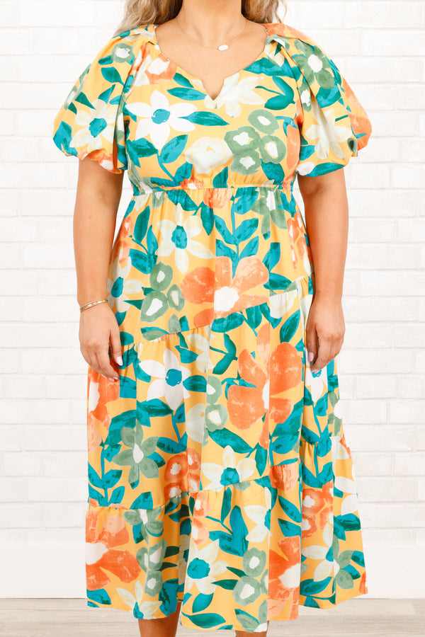 Chic Soul plus size clothing, multicolor floral pattern tiered midi dress with puff sleeves and a cinched waistline