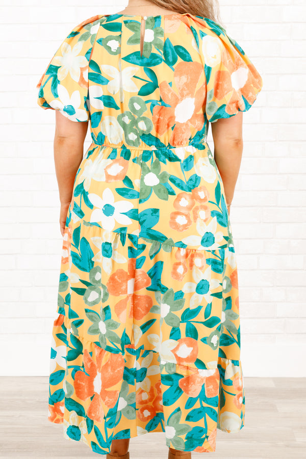 Chic Soul plus size clothing, multicolor floral pattern tiered midi dress with puff sleeves and a cinched waistline