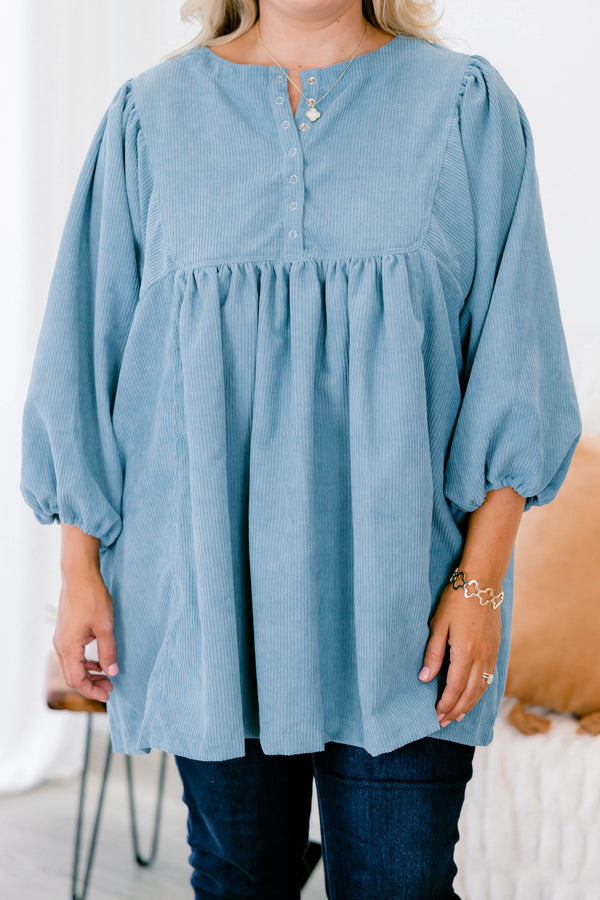 Chic Soul plus size clothing, light blue half sleeve tunic with a snap detailed neckline and gathered sleeves.