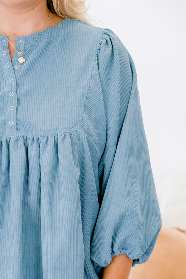 Chic Soul plus size clothing, light blue half sleeve tunic with a snap detailed neckline and gathered sleeves.