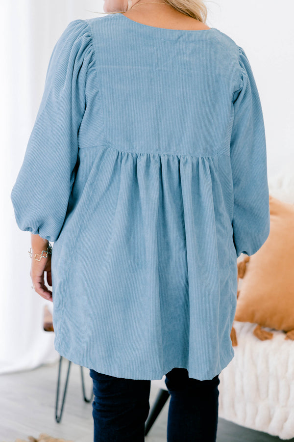Chic Soul plus size clothing, light blue half sleeve tunic with a snap detailed neckline and gathered sleeves.