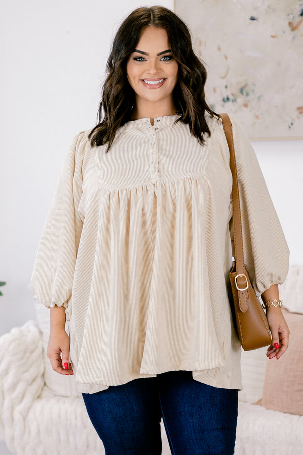 Chic Soul plus size clothing, ivory top with long bubble sleeves and buttons going down to the chest