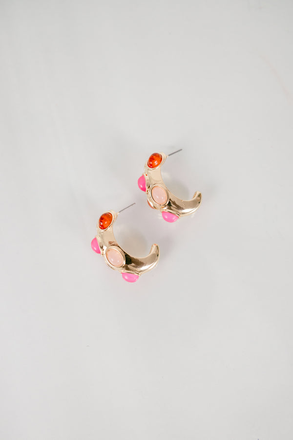 Chic Soul plus size clothing, small gold hoop earrings with pink, coral, and light pink jewels along the front of the hoop earring