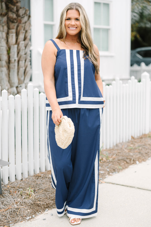 Chic Soul plus size clothing, navy blue sleeveless top with three white vertical stripes that go down the middle of the top and connect to three horizontal white stripes at the bottom of the top
