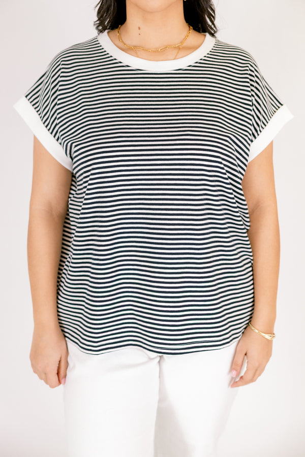 Chic soul plus size clothing, black and white thin horizontal stripe tee