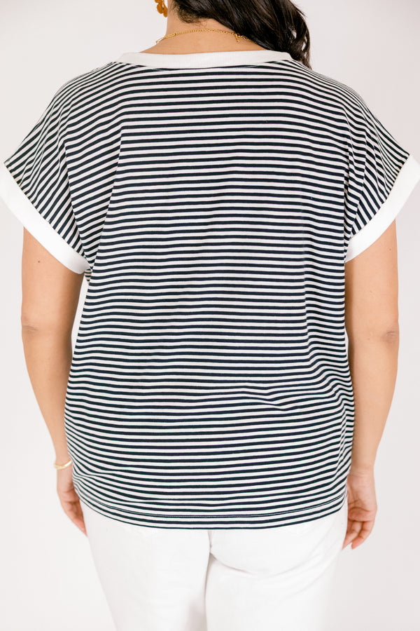 Chic soul plus size clothing, black and white thin horizontal stripe tee