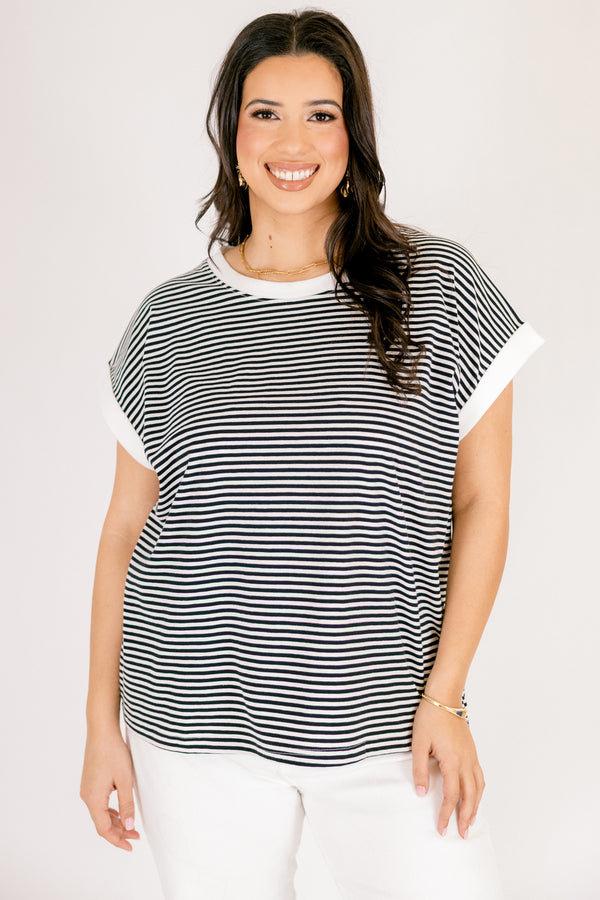 Chic soul plus size clothing, black and white thin horizontal stripe tee