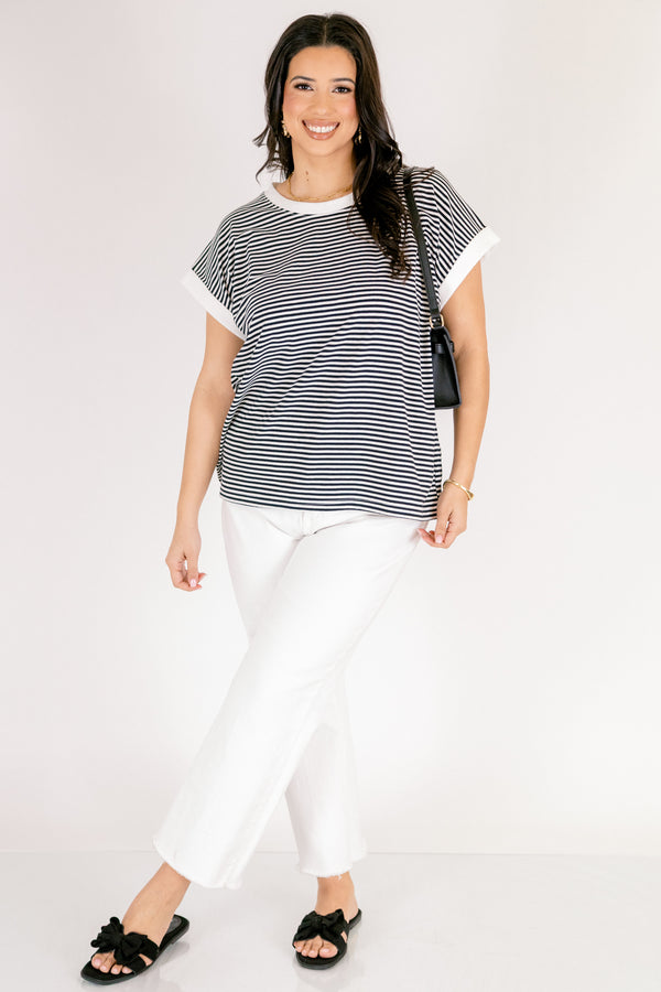 Chic soul plus size clothing, black and white thin horizontal stripe tee