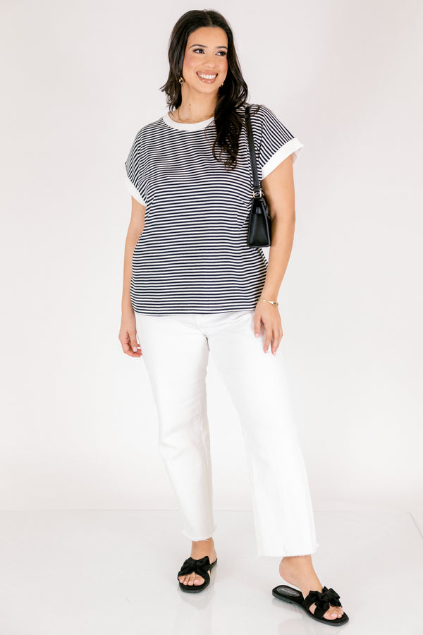 Chic soul plus size clothing, black and white thin horizontal stripe tee