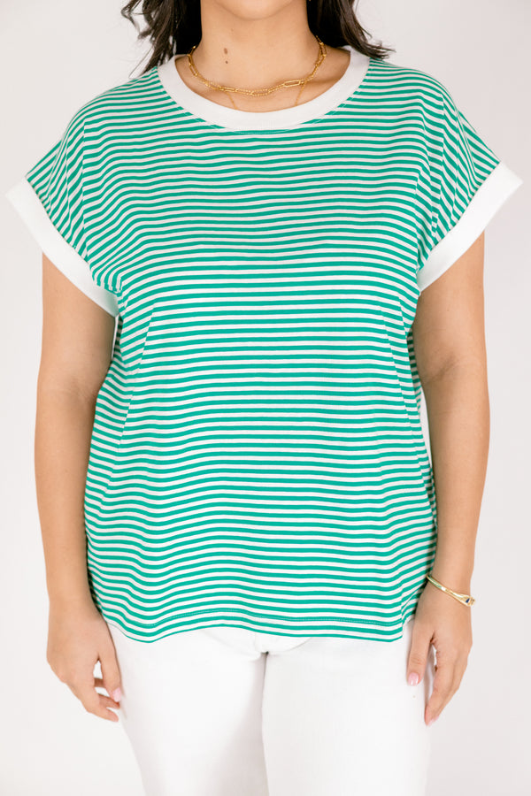 Chic Soul plus size clothing, green and white horizontal stripe tee