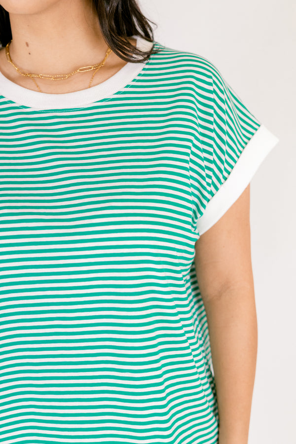 Chic Soul plus size clothing, green and white horizontal stripe tee