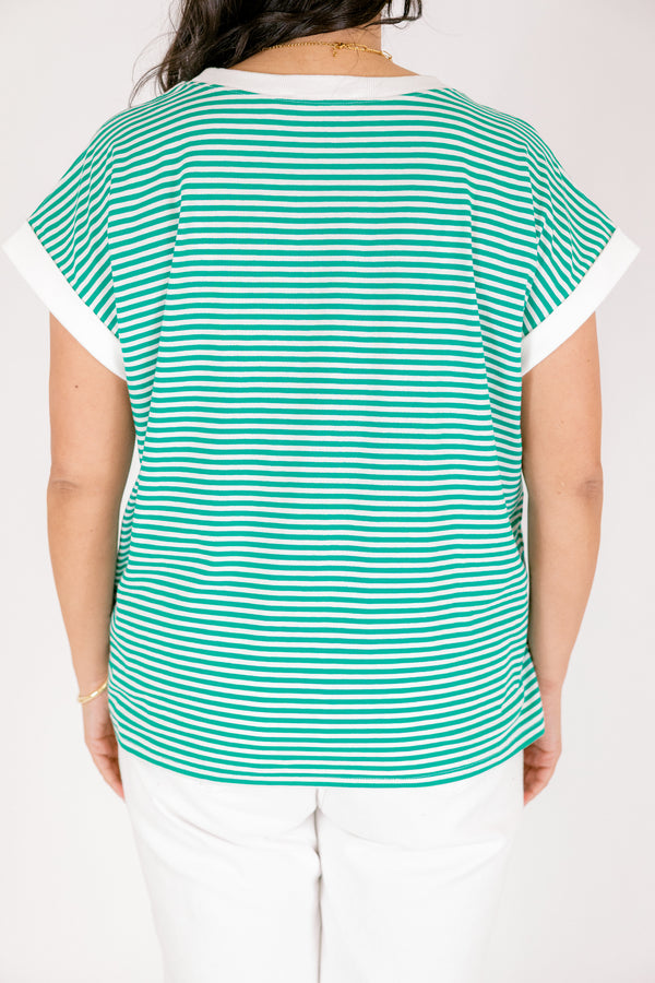 Chic Soul plus size clothing, green and white horizontal stripe tee
