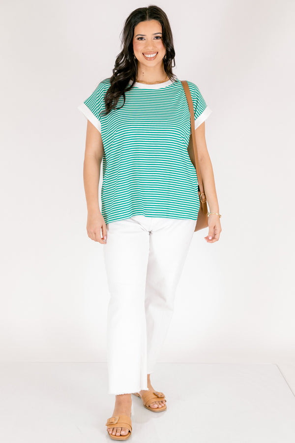 Chic Soul plus size clothing, green and white horizontal stripe tee
