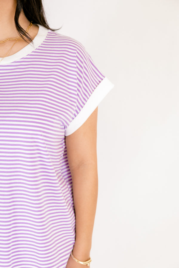 Chic Soul plus size clothing, lavender and white horizontal pink stripe tee with white solid trim around the collar and sleeves