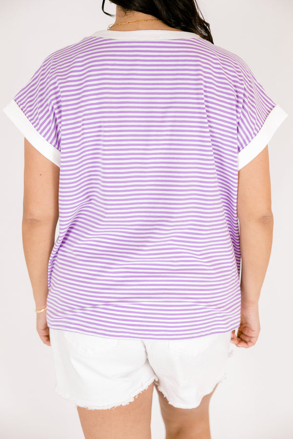 Chic Soul plus size clothing, lavender and white horizontal pink stripe tee with white solid trim around the collar and sleeves