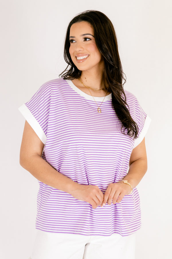 Chic Soul plus size clothing, lavender and white horizontal pink stripe tee with white solid trim around the collar and sleeves