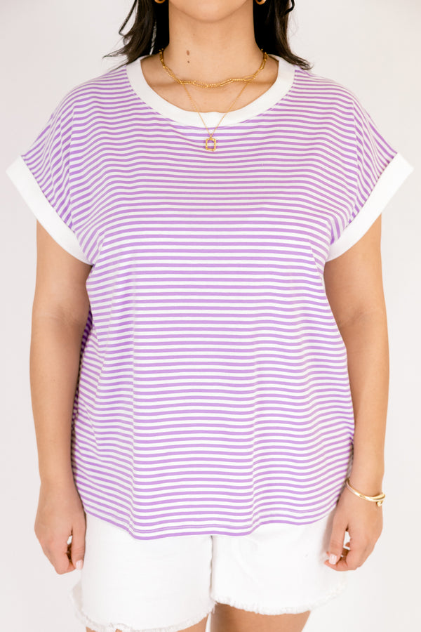 Chic Soul plus size clothing, lavender and white horizontal pink stripe tee with white solid trim around the collar and sleeves