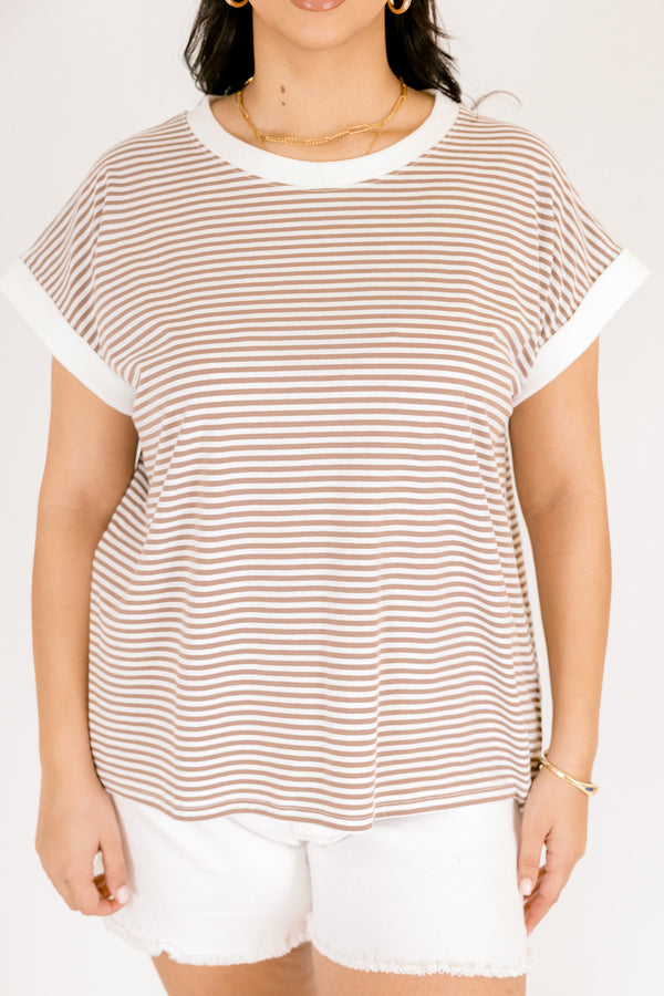 Chic Soul plus size clothing, light mocha striped short sleeve tee with white cuffs at the end of the sleeves and outlining the neckline 
