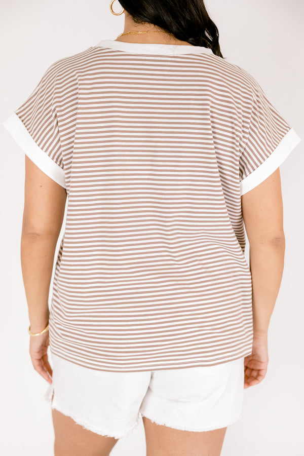 Chic Soul plus size clothing, light mocha striped short sleeve tee with white cuffs at the end of the sleeves and outlining the neckline 
