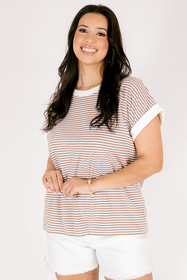 Chic Soul plus size clothing, light mocha striped short sleeve tee with white cuffs at the end of the sleeves and outlining the neckline 
