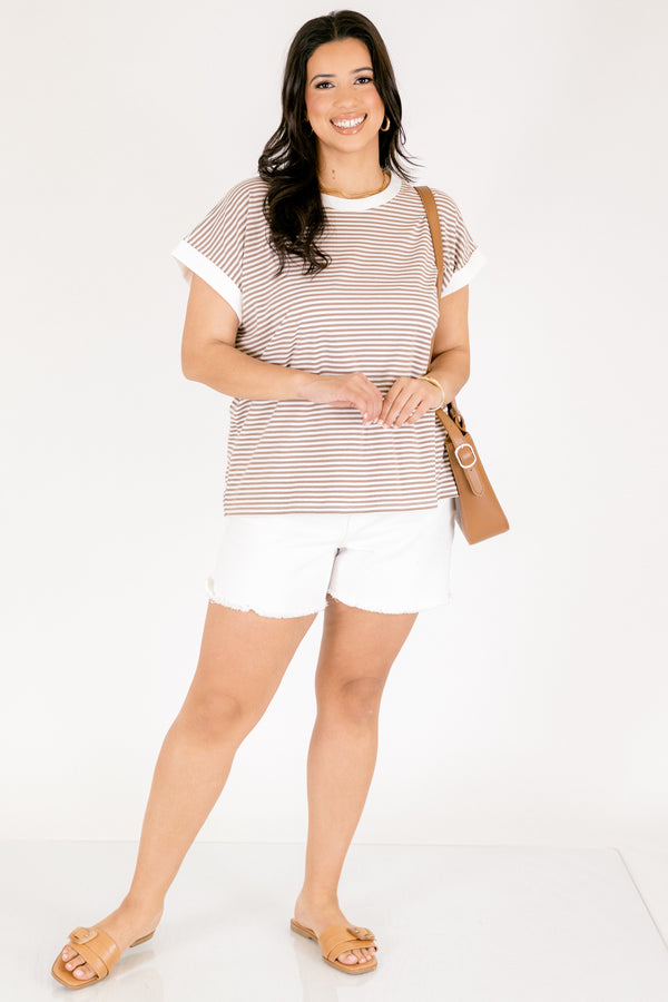 Chic Soul plus size clothing, light mocha striped short sleeve tee with white cuffs at the end of the sleeves and outlining the neckline 
