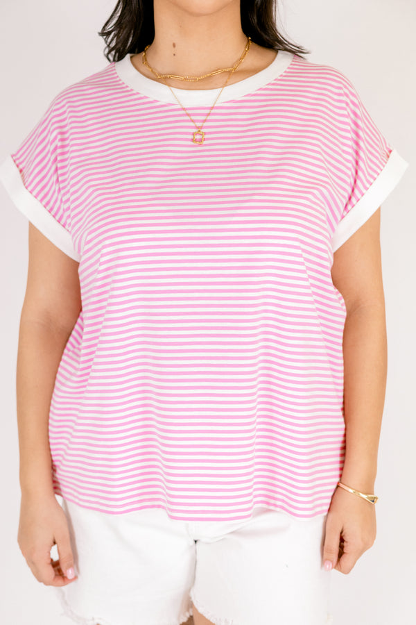 Chic Soul plus size clothing, pink and white horizontal stripe tee
