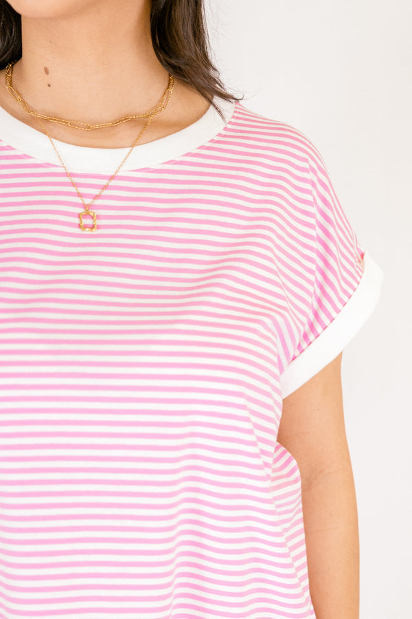Chic Soul plus size clothing, pink and white horizontal stripe tee