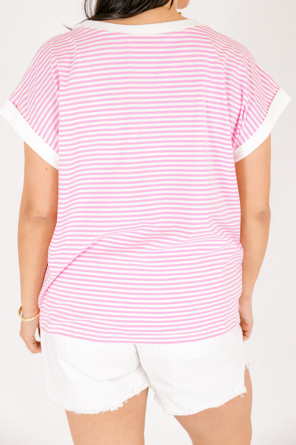Chic Soul plus size clothing, pink and white horizontal stripe tee