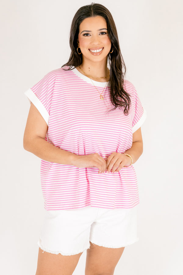 Chic Soul plus size clothing, pink and white horizontal stripe tee